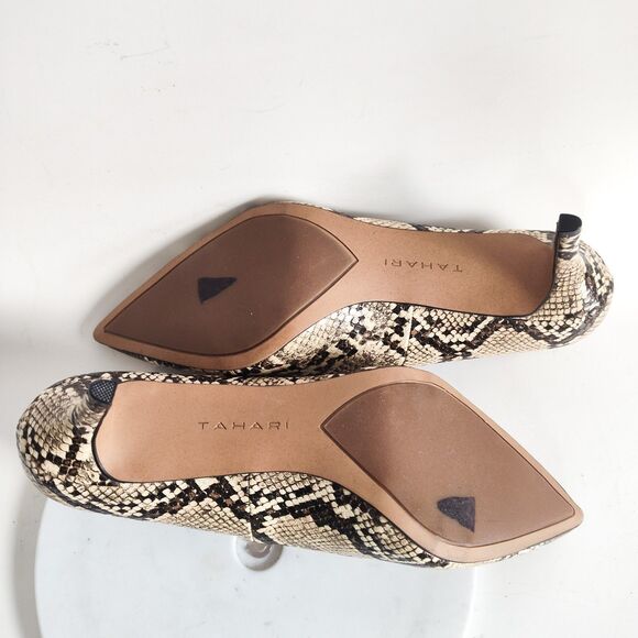 Tahari Kitten Heels Size 10 Snakeskin Tan Brown Pointed Toe Faux Leather Vegan - Picture 11 of 12